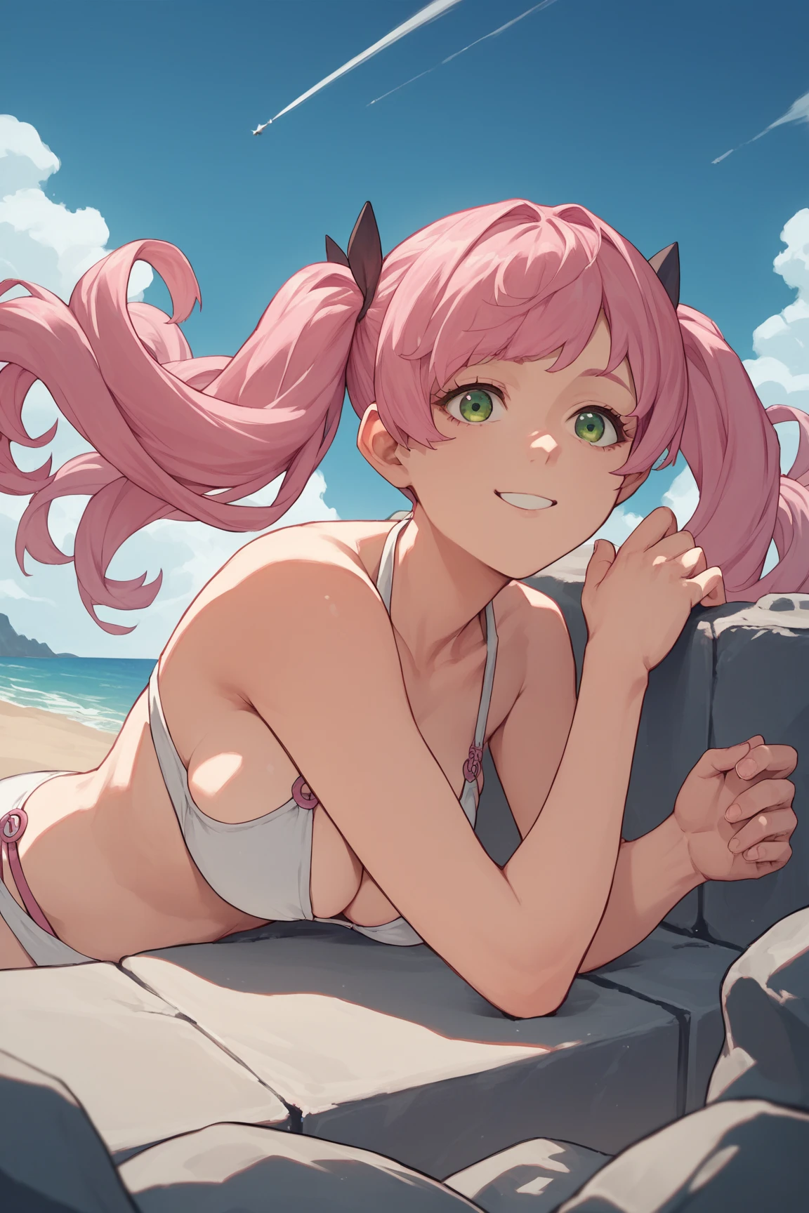 score_9, score_8_up, score_7_up,  source_ anime BREAK 1GIRL , Alone, Curly,  green eyes,  pink hair,  twin tails,  long hair,  Big Breasts ,  clevis on a stone,  white bikini on the bed,  Beach ,  blue sky, Half-open eyes, Squint your eyes,  watching viewers , smile