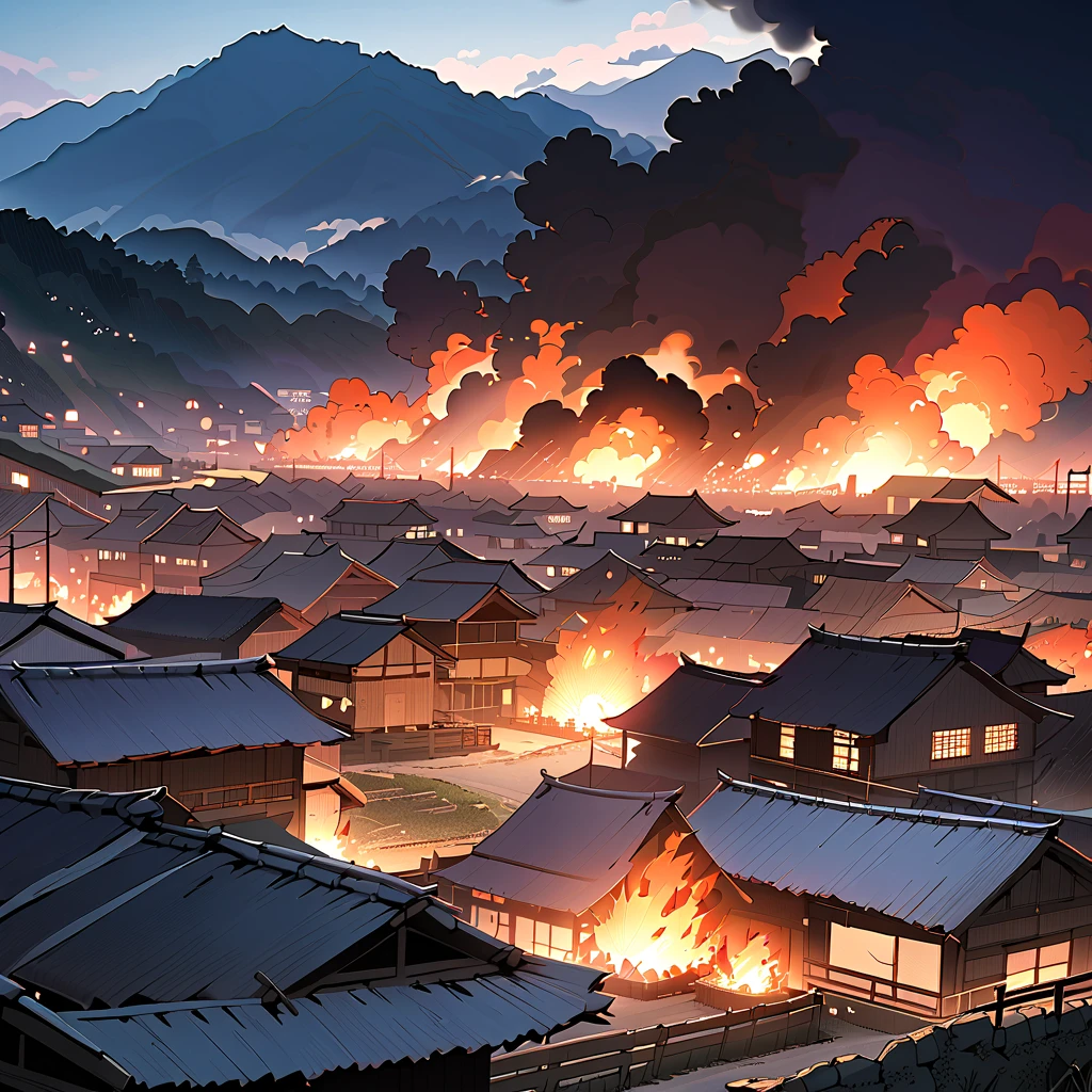  snapshot of a remote village　background　辺境の村が、 is burning