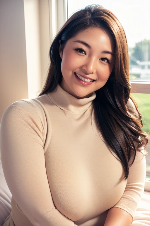      (Outdoor portrait focusing from the chest upward), (1 woman), (beautiful Japanese Woman), (Height 164 cm), (Light skin tone), (Active and bright big smile:1.3), (Distinct facial features), (Typical Latino white characteristics), (Soft impression with age), (Long hair), (Soft hair), (Slightly wavy hair), (Wearing a simple beige turtleneck sweater), (Sigma 50mm f1.4 lens used), (High resolution), (Glamorous), (Direct gaze into the camera), (Simple minimalist window setting with soft natural light), (Natural skin tone with gradient hues), (Soft natural light), (Extremely detailed and realistic facial and skin textures), (Shallow depth of field)