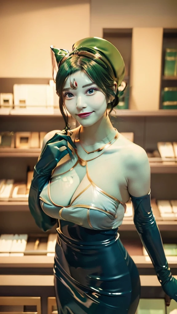 (masterpiece, top quality ,Ultra delicate, perfect face,16k, high definition ,  very beautiful women), atsugessho:1.3, deep green hair , blue latex bodycon dress,  Long blue latex gloves , light Green tights,  Big Breasts ,tall cylinder shaped Gold Headpiece ,  blue-white skin, Red gem on forehead, ((Cosmetics counter )),  necklace,  smile , cowboy shot