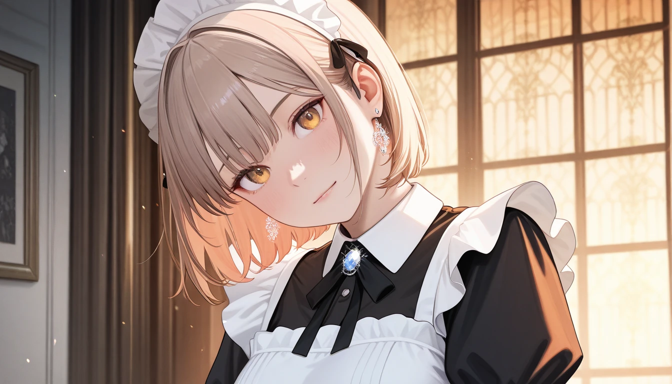 1girl, beautiful girl, short light brown hair with bangs, intricate and complex, masterpiece, high quality, extremely detailed, hyperrealistic, photorealistic, HDR, 8k, professional, intricate jewelry, elegant maid uniform, medium breasts, head tilt, dramatic lighting, cinematic composition, warm color palette, chiaroscuro lighting, moody atmosphere