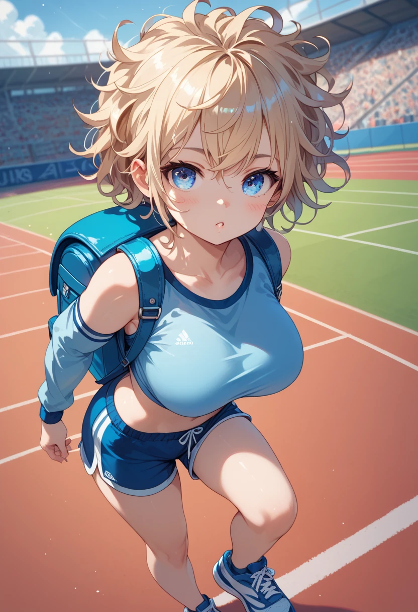 teenage, young, 18-yr old girl, big breast, Blond messy hair, blue eyes, blue crop top shirt, arm sleeves, backpack, shorts, sport shoes, feild background