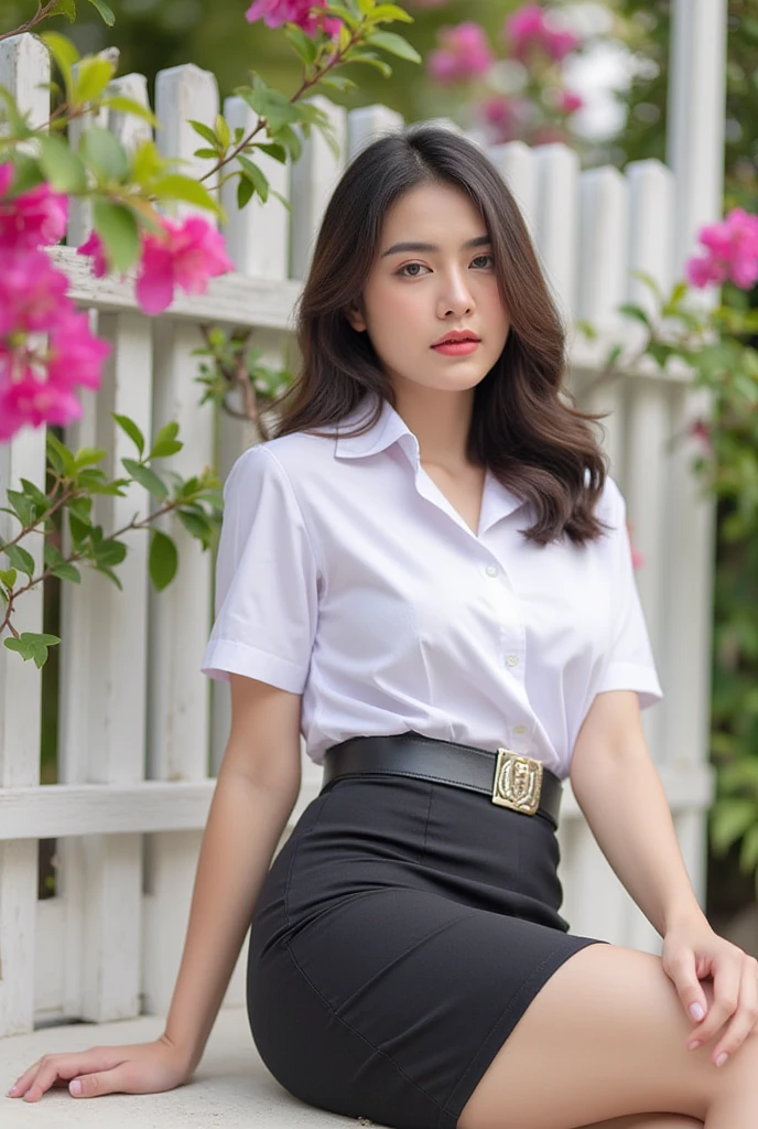 thai wowan long hair,white collared shirt short sleeves,belt,short black pencil skirk,lounging seductively,white fence,bougainvillea.