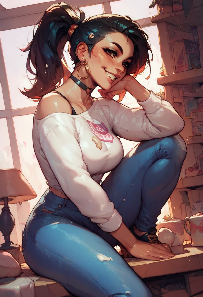 The girl, she has black hair, she has a straight fringe of a lighter yellow color, her hair is tied a little lower at the back in a ponytail. She wears a white shirt on top and a cream-colored sweater thrown over her shoulders, blue jeans, brown eyes, a sweet smile.