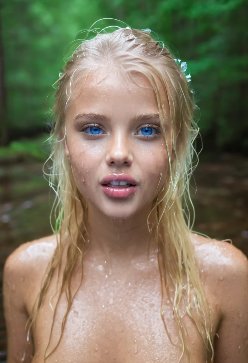 1 girl, blonde hair, 13 years old, small breasts , goes nude bathing in a lake
