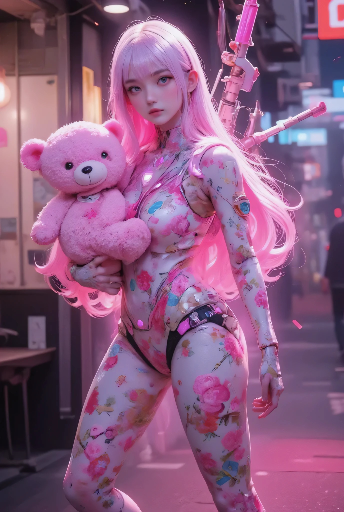 Cute lady robot holding a teddy bear. Colorful flower pattern on the body, equipped with a heavy beam gatling gun on the back, cute mood, joints and gaps glowing pink.. Hardcore machine. Latest animation style, cute pop music background, high brightness. Bright colors, pop music, relax. whole body, long leg