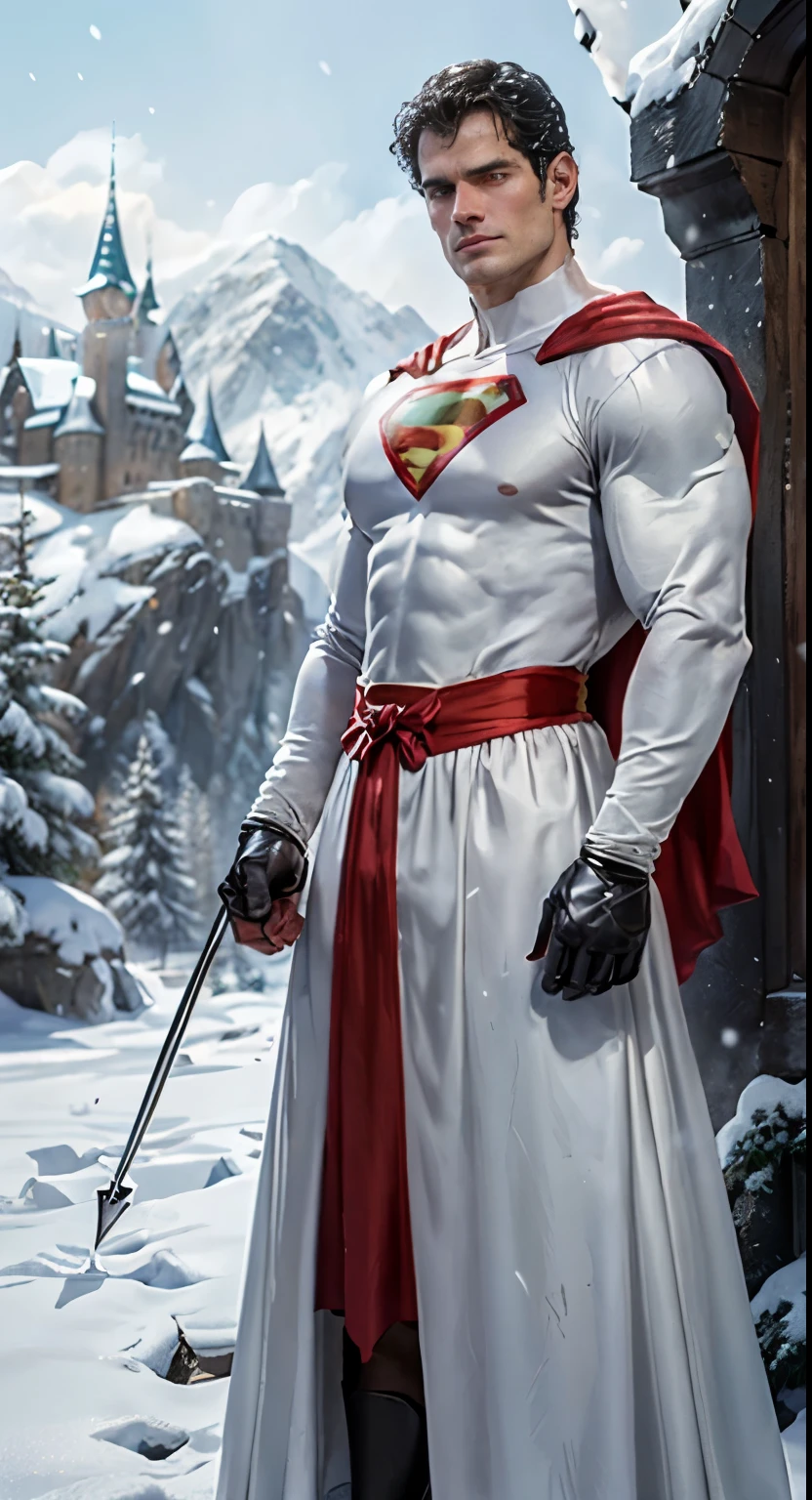 Create an image of Henry Cavill dressed in a traditional Snow White gown. The gown should feature the iconic puffed sleeves, red ribbon at the collar, yellow skirt, and blue bodice. The setting should be fairytale-like, with a touch of magic in the background, such as a forest or a castle. Henry should have his signature strong yet gentle expression, and his features should resemble those from his role as Superman but adapted to fit the Snow White aesthetic. The overall tone should be whimsical and charming, with a hint of humor in the unexpected character choice.