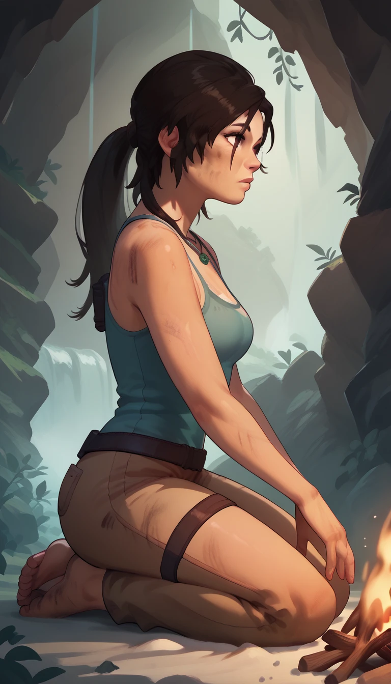 Lara croft, score_9, score_8_up, score_7_up, from side, laracroftk1ck1x, sexy, dirty, raideroutfit, kneeling, looking to the side, cave, campfire, waterfall, beautiful, high resolution, gorgeous,