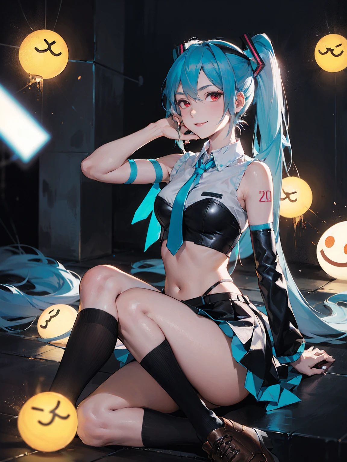 masterpiece,  Hatsune Miku ,  white shirt,  blue tie, Bare shoulders,  separation sleeve,  Immersed in an evil smiley face, Dark Skin,  red eyes,  dark eyes, Orange pupil,Thighs, black high socks wearing brown leather shoes 