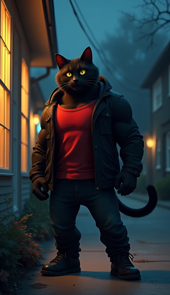 realistic, highly detailed rendering, masterpiece, best quality, feline, ((black cat)), black fur, muscular male, city street, nighttime, raining, highly detailed rendering, skinny, topless, tight red shorts, huge bulge, shy, emotional