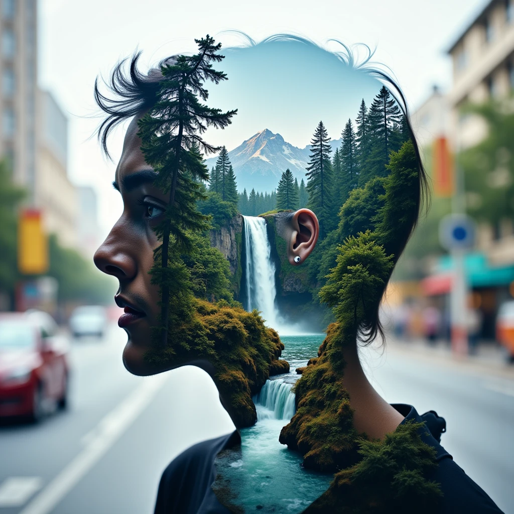 Jeddblexpsre,double exposure, A bustling street scene with skyscrapers in the background and a personâs silhouette filled with images of a serene mountain range and waterfall, symbolizing the escape into nature amidst urban chaos,