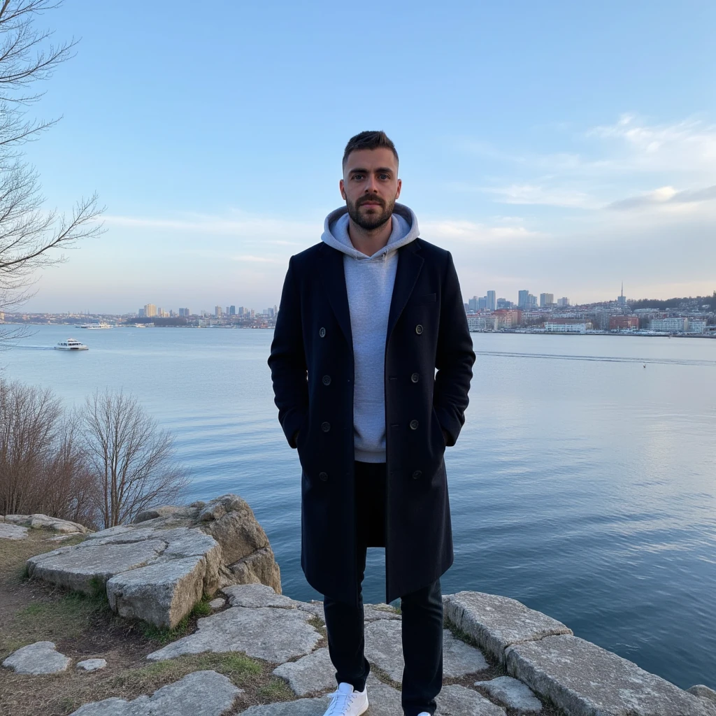 A young man have a light skin tone, a neatly trimmed beard and mustache, with short, dark hair styled short on the sides and longer on top. and a subtle, natural smile that suggests he is enjoying the moment, stands on a rugged cliff overlooking a tranquil bay in Söderström, Stockholm. The scene captures a crisp winter morning with icy blue skies streaked by soft, wispy clouds. The man wears a long black coat with neatly buttoned lapels and white sneakers. His grey hoodie, with a soft and casual fabric that appears cosy and well-fitted. The hood is pulled up covering his head, framing his face gently and slightly overlapping the lapels of his long black coat. The distant cityscape across the bay glimmers with sunlight, showcasing a harmonious mix of modern towers and classic Nordic architecture. A solitary boat glides smoothly across the water, leaving a delicate wake. Bare, leafless trees and patches of moss on the rocky outcrop add an organic texture, enhancing the serene, introspective mood of the moment. (masterpiece), (best quality), (ultra-detailed background), detailed face, perfect composition, intricate details