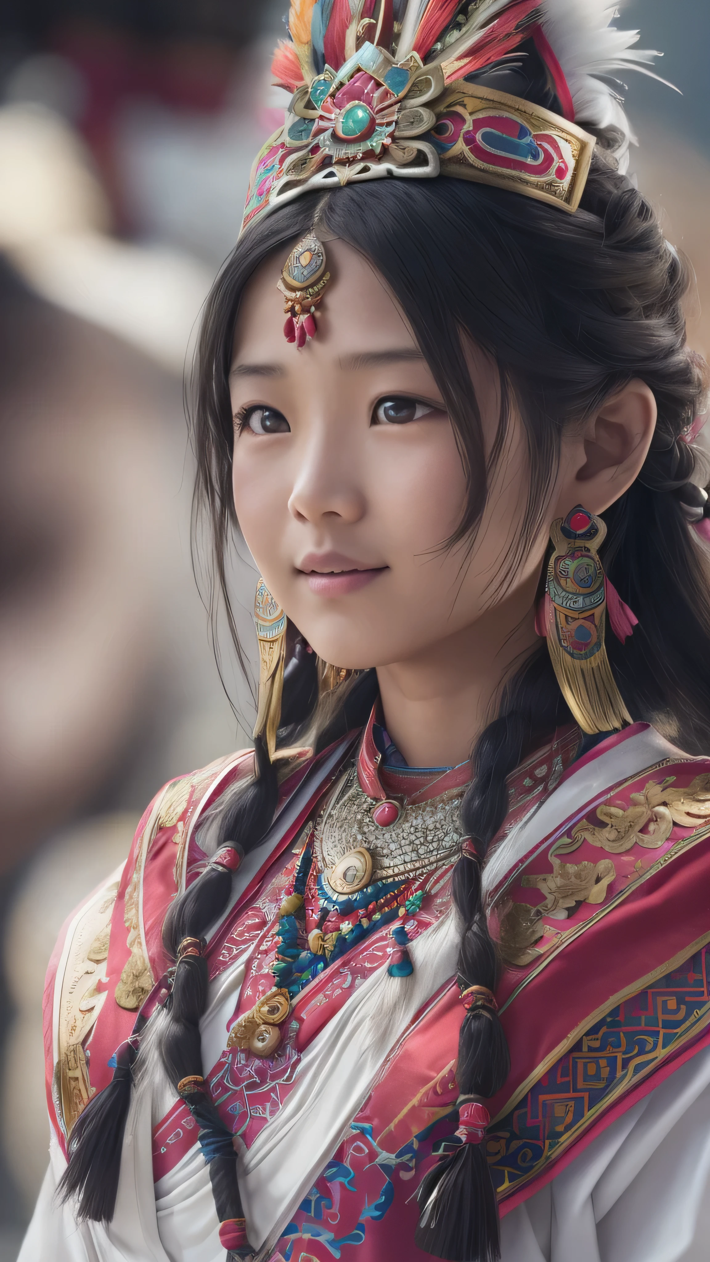  girl,  Long Blade, Tibetan Girl , close-up, Slightly elevated head, smile, Bust photo,  upper body, Yang's Transcendence in Appearance ,  gorgeous Tibetan costume ,  Heavy and Hard to Handle Tibetan Necklaces, Cumbersome Tibetan headdress,  Fluff on Clothes , Full of white animals,  real person CG , Sweet Style, Movie Style, HD 4k