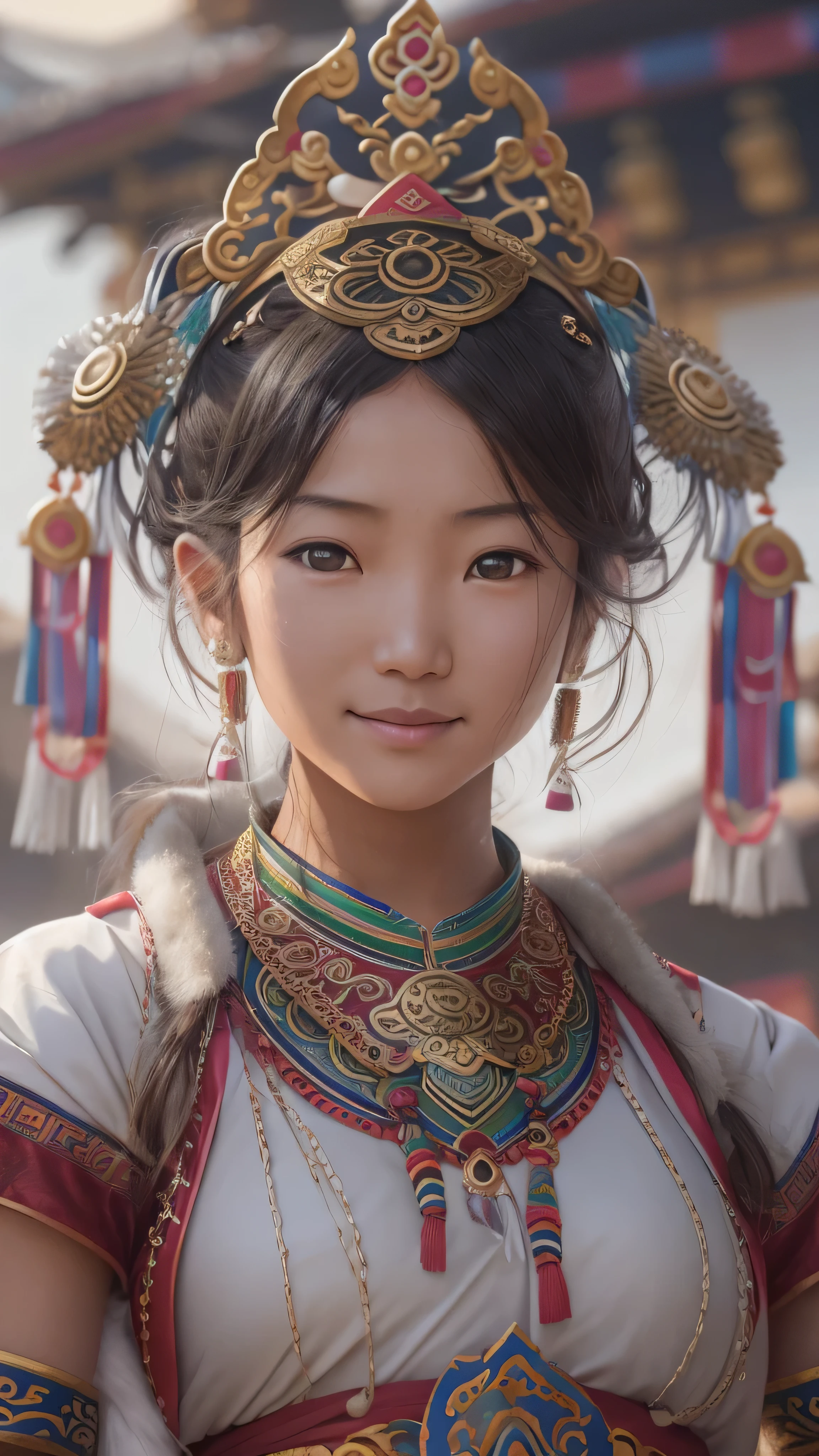  girl,  Long Blade, Tibetan Girl , close-up, Slightly elevated head, smile, Bust photo,  upper body, Yang's Transcendence in Appearance ,  gorgeous Tibetan costume ,  Heavy and Hard to Handle Tibetan Necklaces, Cumbersome Tibetan headdress,  Fluff on Clothes , Full of white animals,  real person CG , Sweet Style, Movie Style, HD 4k