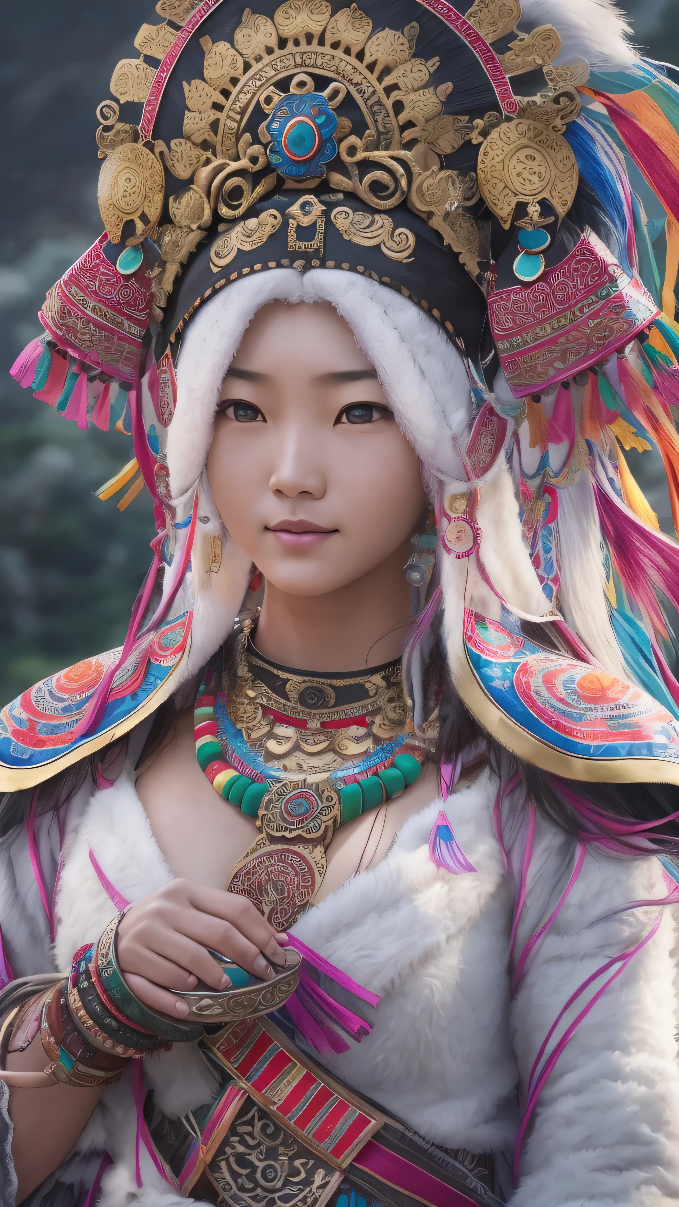  girl,  Long Blade, Tibetan Girl , close-up, Slightly elevated head, smile, Bust photo,  upper body, Yang's Transcendence in Appearance ,  gorgeous Tibetan costume ,  Heavy and Hard to Handle Tibetan Necklaces, Cumbersome Tibetan headdress,  Fluff on Clothes , Full of white animals,  real person CG , Sweet Style, Movie Style, HD 4k