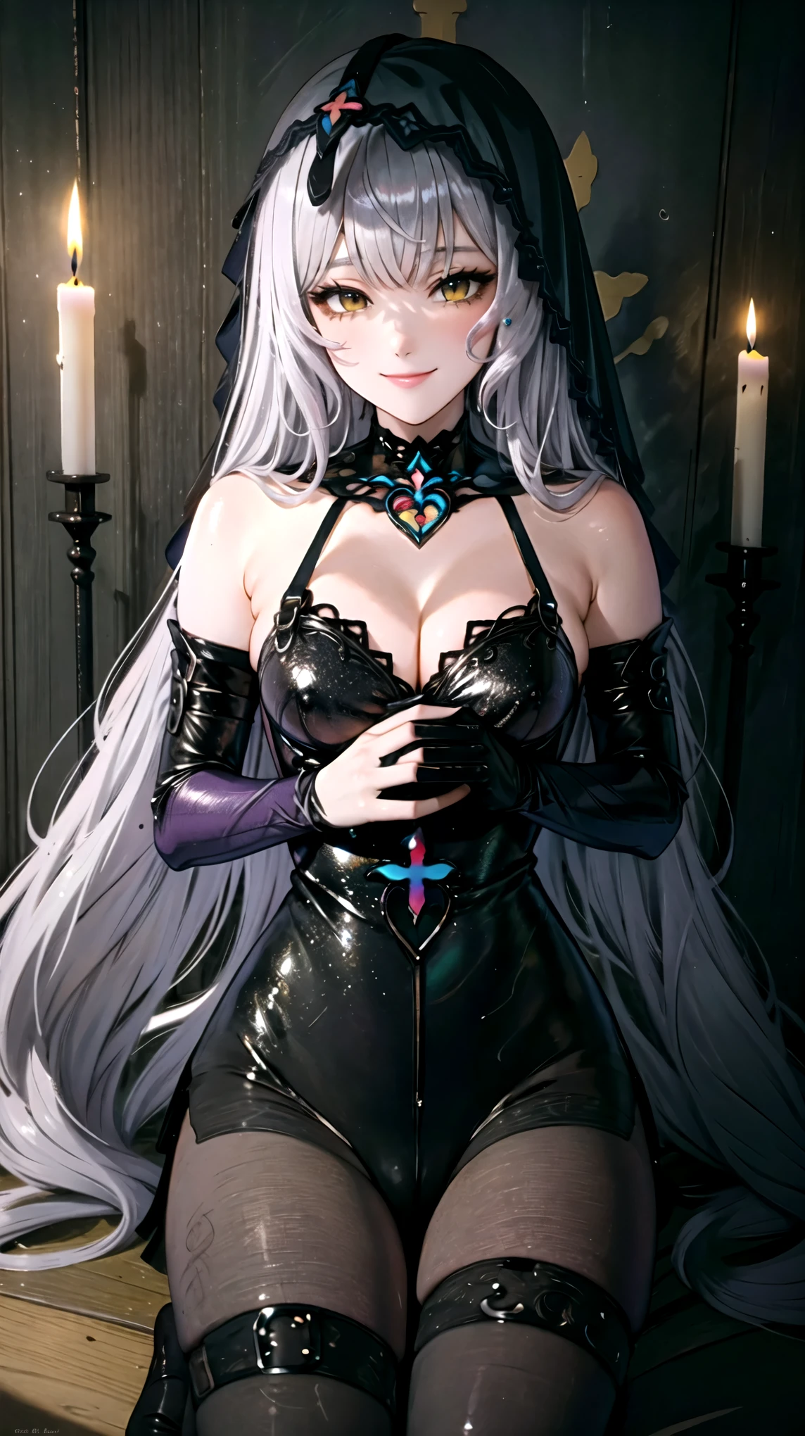 ((Masterpiece, Ultra HD, 8K Quality)), one Woman, Beautiful Face and body, Platinum silver long hair, long bangs, Deep shiny yellow eyes, highlights on eyes,　Very long eyelashes, very large breasts, Cleavage, a slim waist, curvy hips, (((black swan))), veil, elbow gloves, black pantyhose, no shoes, sitting, cross-legged, (from bottom:1.2), smiling, holding a card, tarot, upper body, candle, Cathedral, stained glass background
