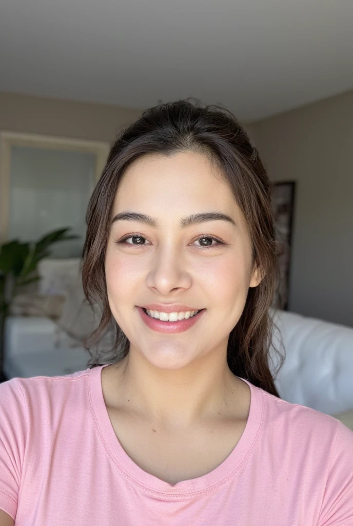 RAW photo of Amanda Manopo woman, wearing a pink tshirt, in a living room, detailed face, natural lighting, highly detailed, absurdres, smile happy
