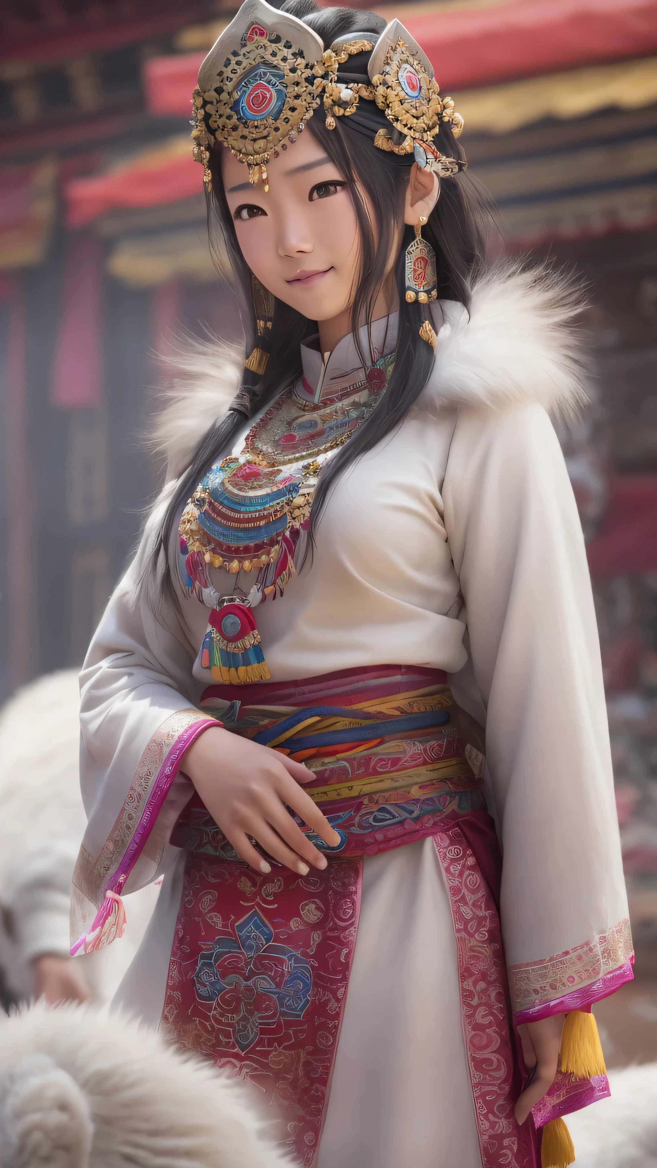  girl,  Long Blade, Tibetan Girl , close-up, Slightly elevated head, smile, Bust photo,  upper body, Yang's Transcendence in Appearance ,  gorgeous Tibetan costume ,  Heavy and Hard to Handle Tibetan Necklaces, Cumbersome Tibetan headdress,  Fluff on Clothes , Full of white animals,  real person CG , Sweet Style, Movie Style, HD 4k