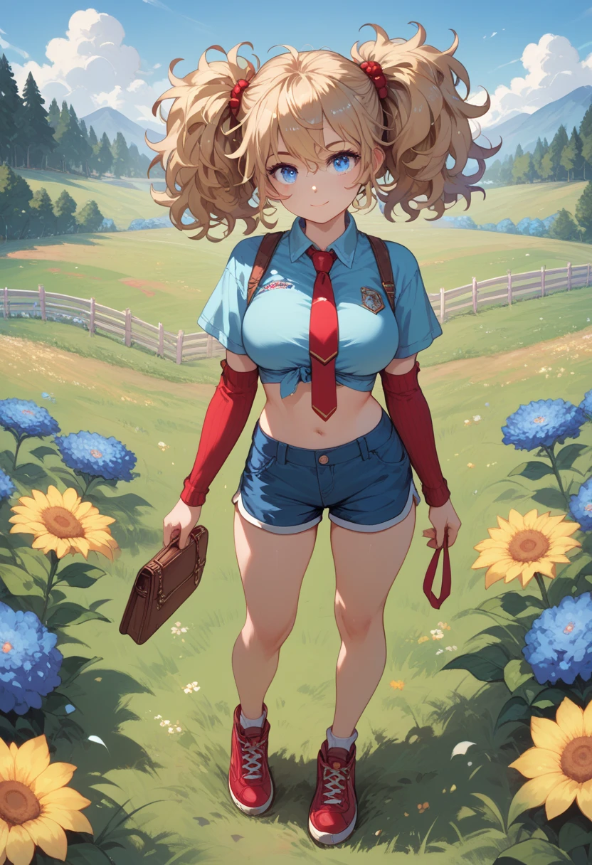 teenage, young, 18-yr old girl, big breast, Blond messy hair, Tie hair on both sides, blue eyes, blue crop top shirt, arm sleeves, shorts, red shoes, standing in a meadow background