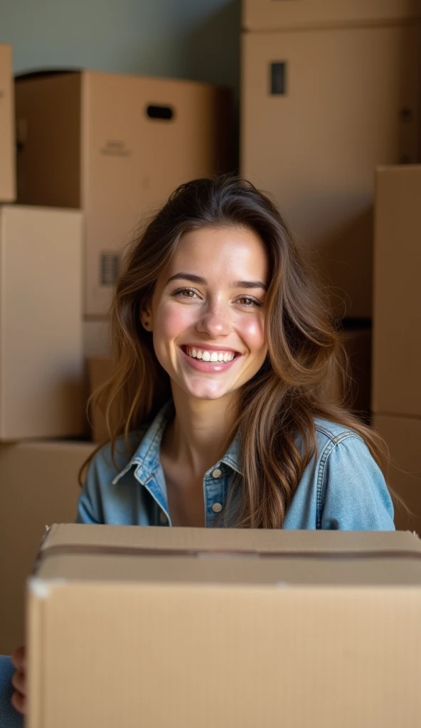 An attractive model, captured from an overhead selfie perspective, is holding a large Amazon box. She smiles naturally, with loose hair and a casual chic outfit. The setting is a modern home with minimalist decor, allowing sufficient space around the model for text placement.