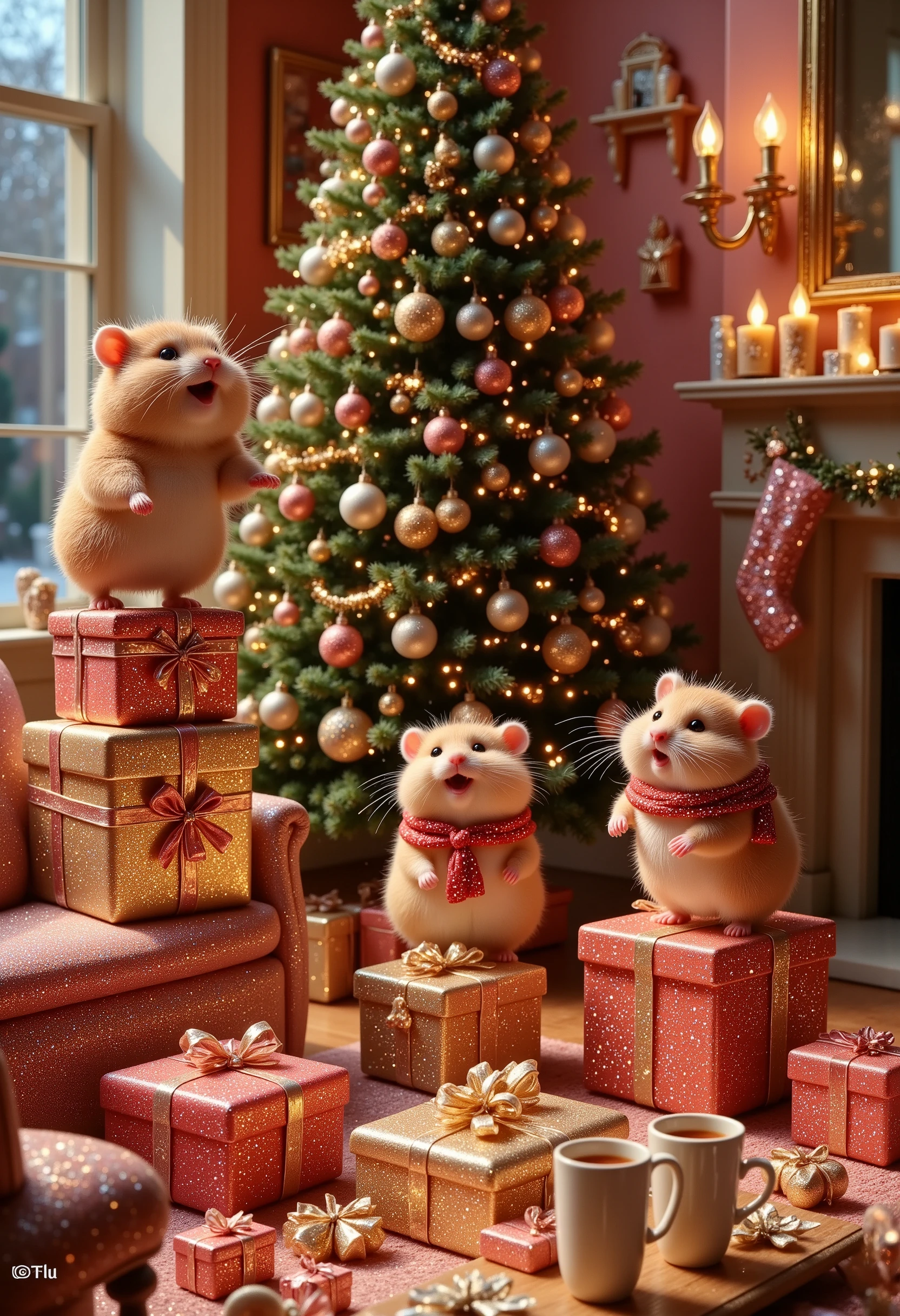 A magical Christmas morning scene in a Disney and Pixar-inspired 3D animation style, rendered in ultra-realistic 8K. A cozy, festive living room glows with warm, golden light streaming through frosty windows. At the heart of the room, a stunning Christmas tree stands tall, its branches adorned with twinkling fairy lights, sparkling ornaments, glistening tinsel, and a glowing star at the top. Wrapped presents of every size and color, tied with intricate ribbons, spill out from beneath the tree, radiating excitement and joy.

Instead of ren, adorable, fluffy, chubby hamsters are the stars of this scene. These hamsters, animated with expressive, human-like features, are filled with holiday cheer. Some are jumping gleefully on stacks of brightly wrapped presents, while others are tearing open gifts with tiny, eager paws, revealing miniature toys and treats. One hamster, wearing a festive red scarf, holds a tiny candy cane, while another balances precariously on a ribboned gift box, their fluffy cheeks puffed out in excitement. Their fur is luxuriously soft, every strand perfectly textured to emphasize their round, cuddly forms.

The warm, festive room enhances the joyful atmosphere: a roaring fireplace crackles to one side, its mantel adorned with glittering stockings, garlands of pine, and glowing candles. In the background, a plush sofa draped with cozy holiday-themed blankets adds a homely touch. A wooden coffee table holds a tray of steaming cocoa mugs and tiny cookies, as though ready for both hamsters and human guests.

The entire scene bursts with holiday charm, with every detail in sharp focus: the fluffy fur of the hamsters, the delicate pine needles of the tree, the shimmering lights, and the textures of the gifts and decorations. The magical world combines the whimsical charm of Disney and Pixar animation with the joyful spirit of Christmas, creating an enchanting moment full of laughter, warmth, and holiday magic.