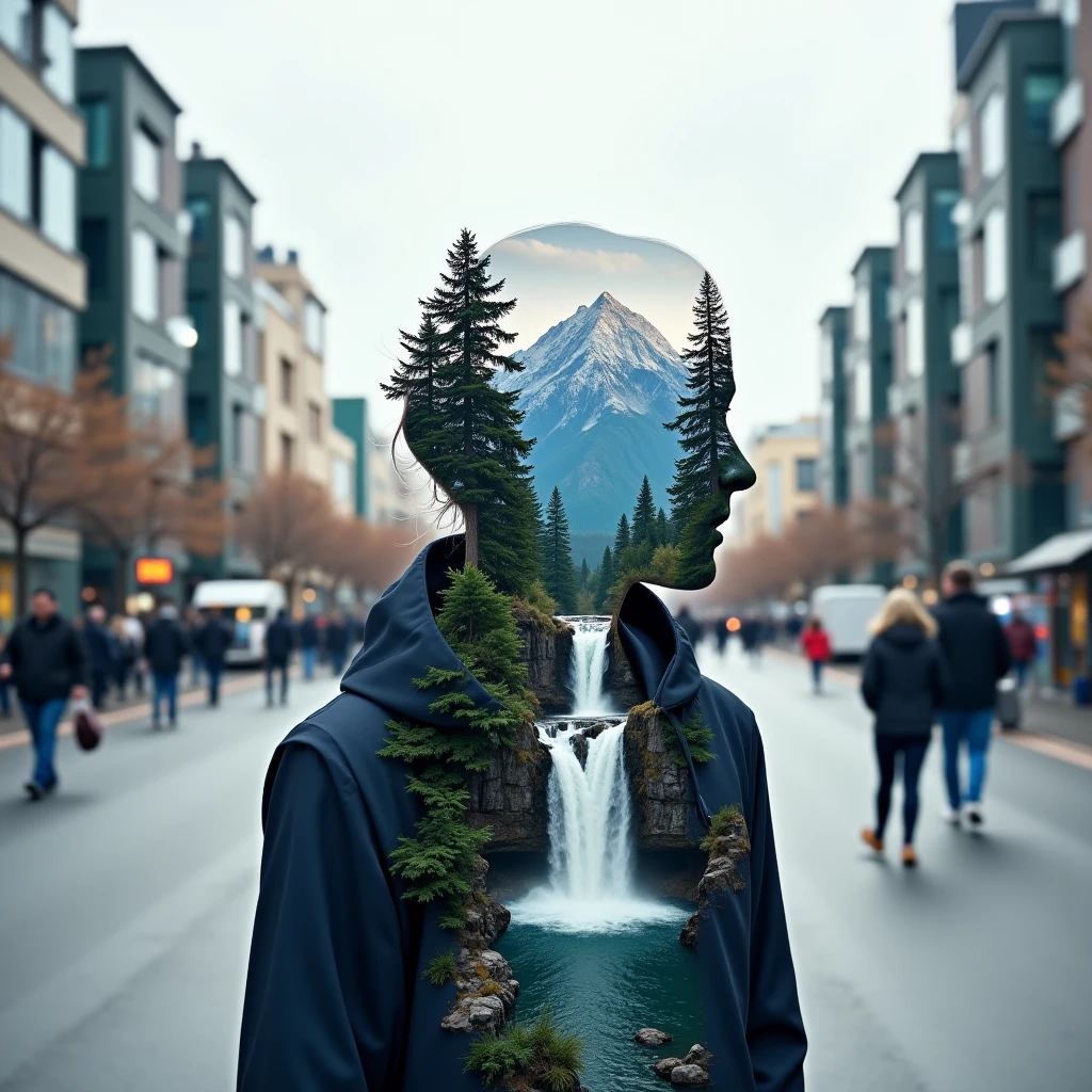 Jeddblexpsre,double exposure, A bustling street scene with skyscrapers in the background and a personâs silhouette filled with images of a serene mountain range and waterfall, symbolizing the escape into nature amidst urban chaos,