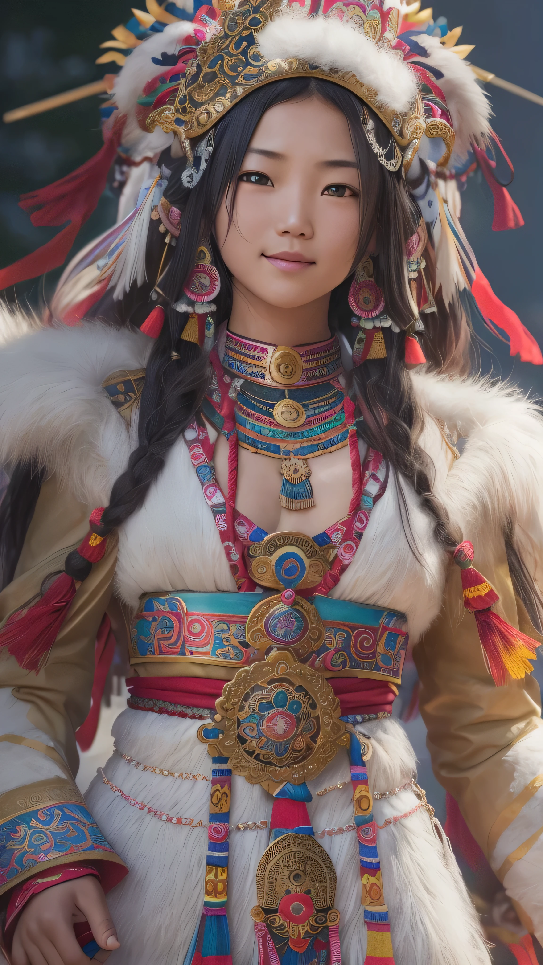  girl,  Long Blade, Tibetan Girl , close-up, Slightly elevated head, smile, Bust photo,  upper body, Yang's Transcendence in Appearance ,  gorgeous Tibetan costume ,  Heavy and Hard to Handle Tibetan Necklaces, Cumbersome Tibetan headdress,  Fluff on Clothes , Full of white animals,  real person CG , Sweet Style, Movie Style, HD 4k