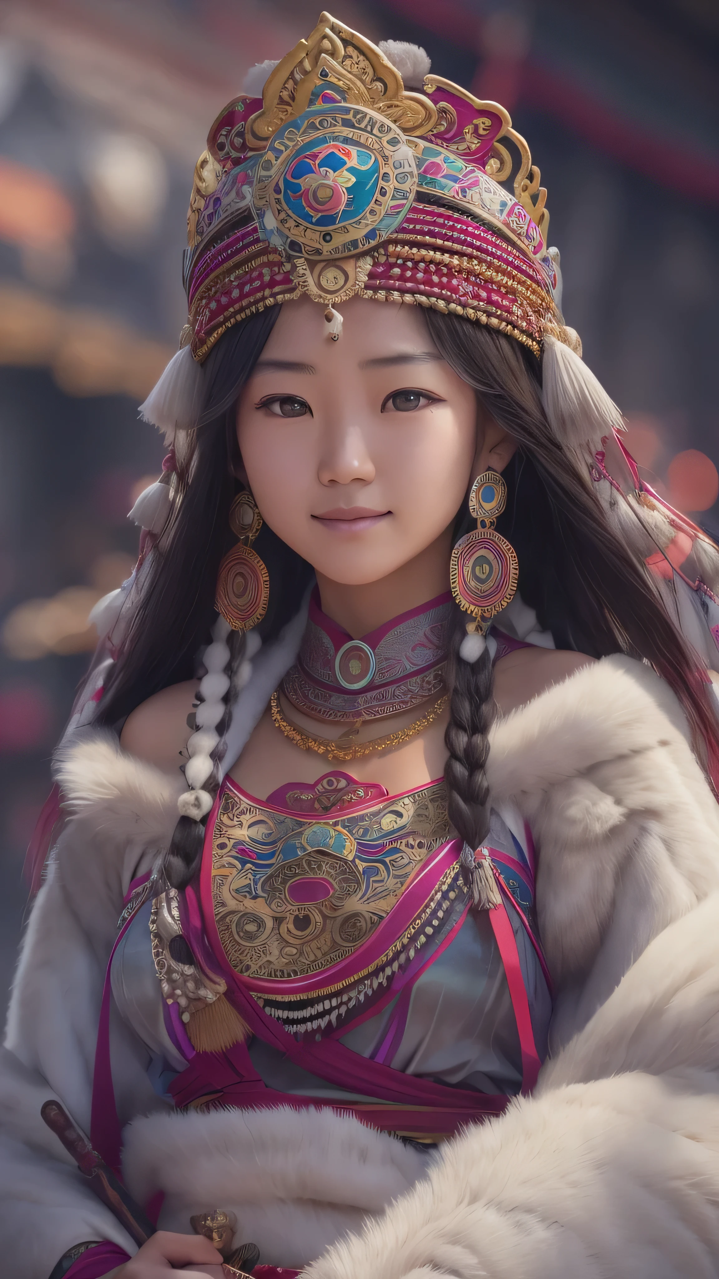  girl,  Long Blade, Tibetan Girl , close-up, Slightly elevated head, smile, Bust photo,  upper body, Yang's Transcendence in Appearance ,  gorgeous Tibetan costume ,  Heavy and Hard to Handle Tibetan Necklaces, Cumbersome Tibetan headdress,  Fluff on Clothes , Full of white animals,  real person CG , Sweet Style, Movie Style, HD 4k