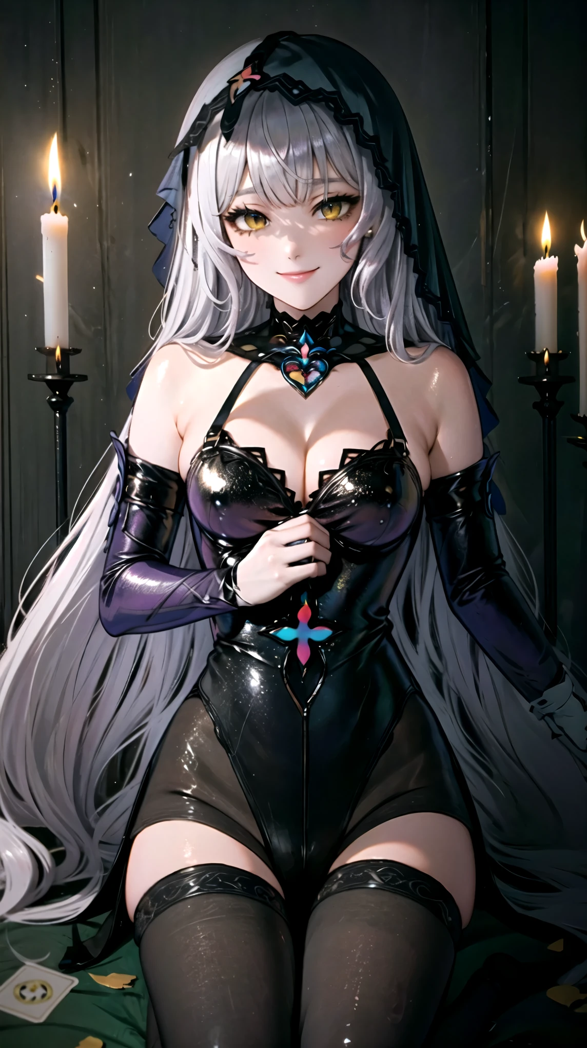 ((Masterpiece, Ultra HD, 8K Quality)), one Woman, Beautiful Face and body, Platinum silver long hair, long bangs, Deep shiny yellow eyes, highlights on eyes,　Very long eyelashes, very large breasts, Cleavage, a slim waist, curvy hips, (((black swan))), veil, elbow gloves, black pantyhose, no shoes, sitting, cross-legged, (from bottom:1.2), smiling, holding a card, tarot, upper body, candle, Cathedral, stained glass background
