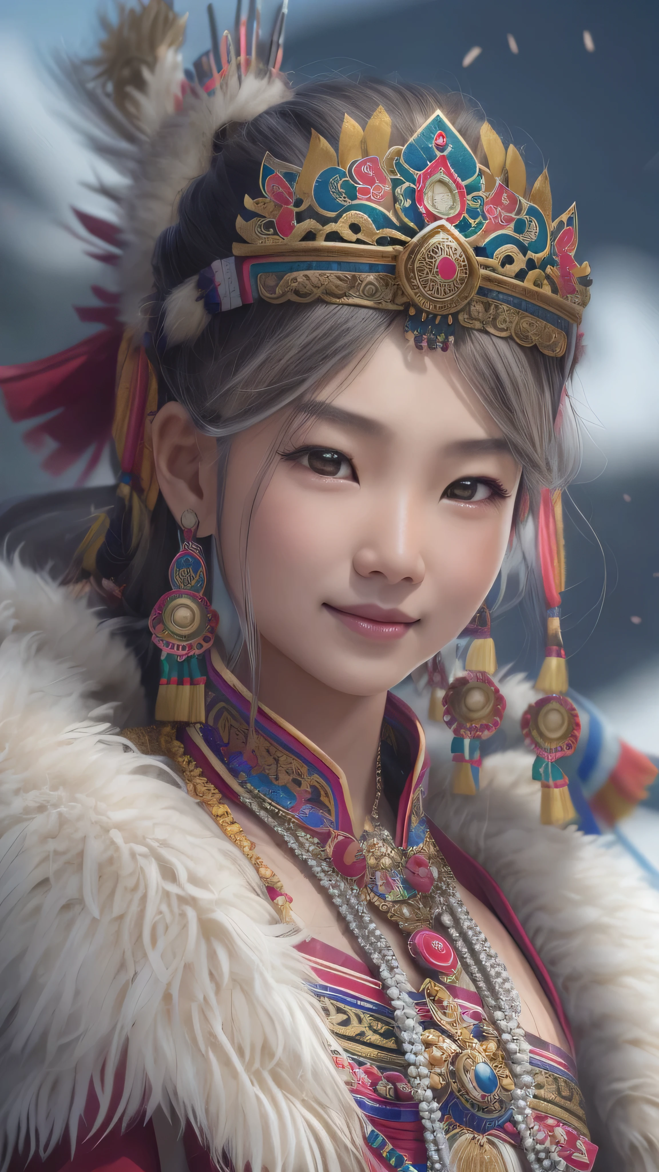  girl,  Long Blade, Tibetan Girl , close-up, Slightly elevated head, smile, Bust photo,  upper body, Yang's Transcendence in Appearance ,  gorgeous Tibetan costume ,  Heavy and Hard to Handle Tibetan Necklaces, Cumbersome Tibetan headdress,  Fluff on Clothes , Full of white animals,  real person CG , Sweet Style, Movie Style, HD 4k