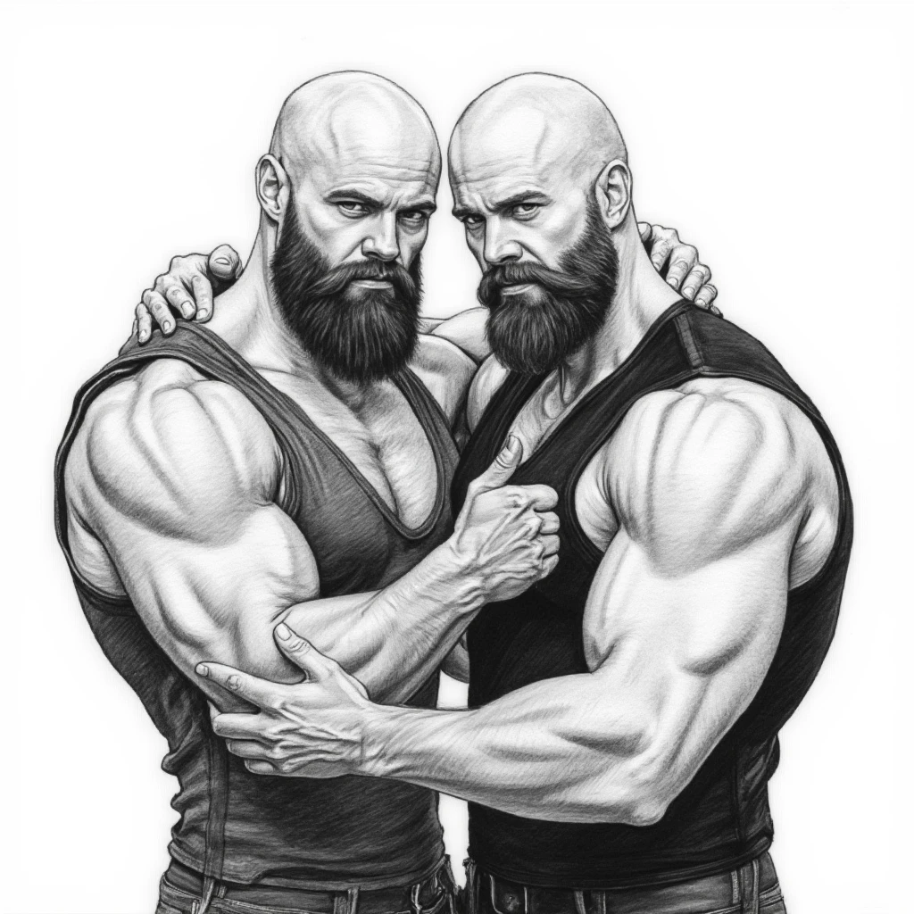 This is a black and white, highly detailed digital drawing featuring two muscular, bald men with full beards, embracing each other tightly. Both men are heavily built with large, defined muscles. The man on the left has a darker complexion, a thick beard, and a broad chest. He is wearing a black leather vest that accentuates his broad shoulders and muscular arms. The man on the right has a lighter complexion, a shorter beard, and a more rounded physique. He is also wearing a black leather vest. Both men have their hands on each other's shoulders, and the man on the left is pointing at the viewer with his right index finger. The background is plain white, drawing attention to the subjects. The artwork is characterized by intricate line work and shading, giving the drawing a textured, realistic appearance. The overall mood of the image is one of strength, affection, and camaraderie.