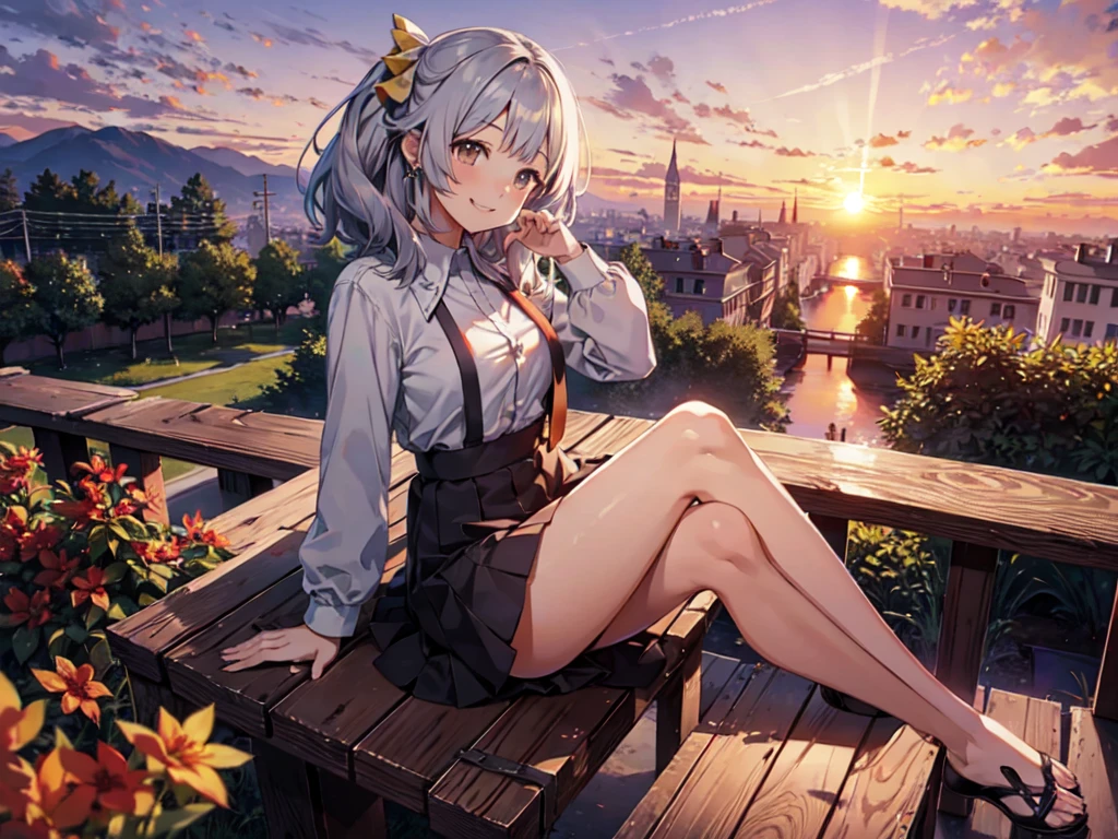 (1 person:2), (1 adult female:2), ( chubby body), (human ears, feminine earrings), (silver hair), (long ponytail hair tied with a large ribbon), (sitting with legs crossed:2), comfortable clothing, (miniskirt, スパッツ、smiling and showing gums), (grassland surrounded by lots of red flowers), (sunset:2), (mainly shot of chest), (detailed body, detailed limbs, detailed fingers、Detailed legs, best work, best quality, high resolution, 8k)