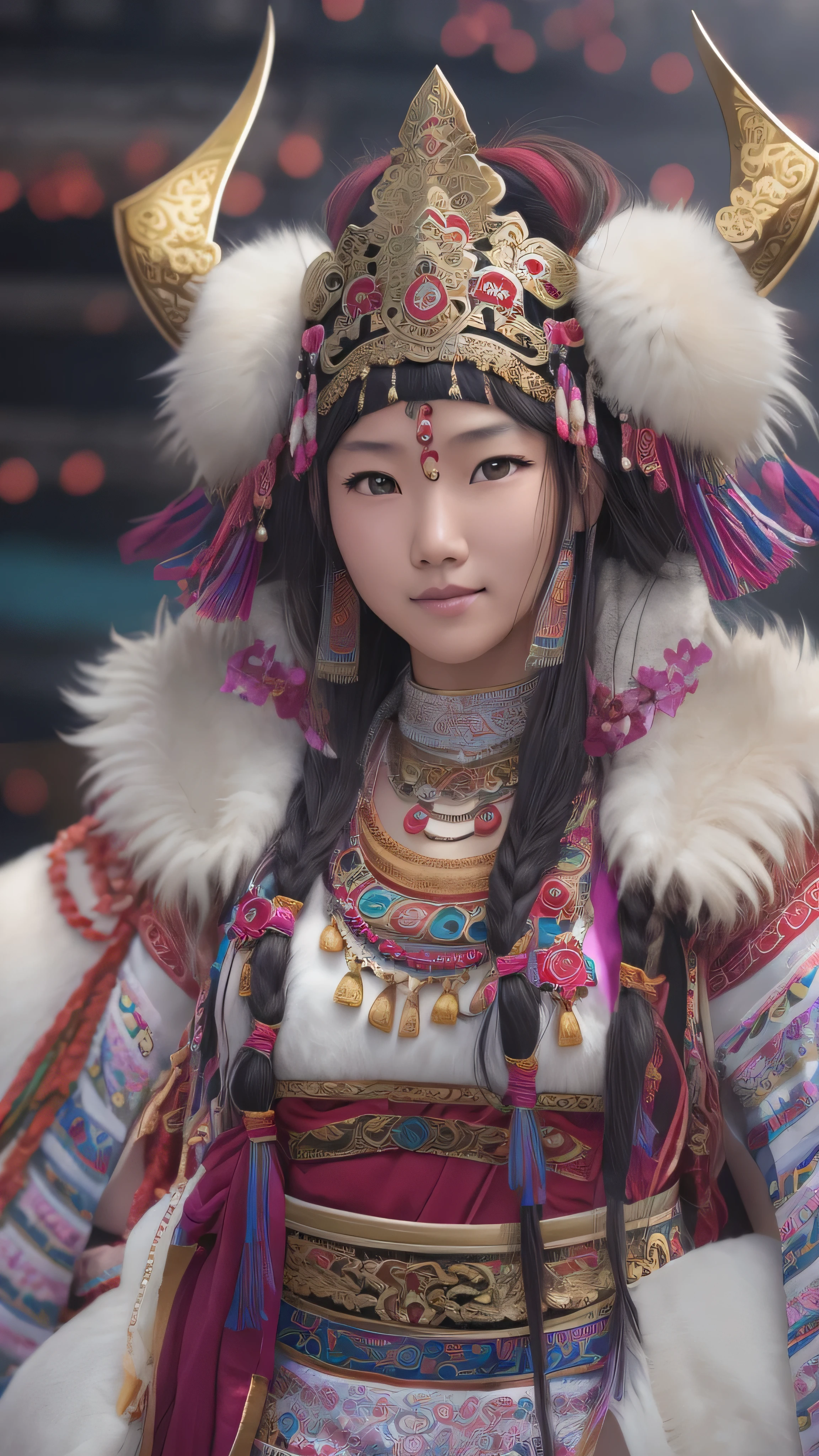  girl,  Long Blade, Tibetan Girl , close-up, Slightly elevated head, smile, Bust photo,  upper body, Yang's Transcendence in Appearance ,  gorgeous Tibetan costume ,  Heavy and Hard to Handle Tibetan Necklaces, Cumbersome Tibetan headdress,  Fluff on Clothes , Full of white animals,  real person CG , Sweet Style, Movie Style, HD 4k