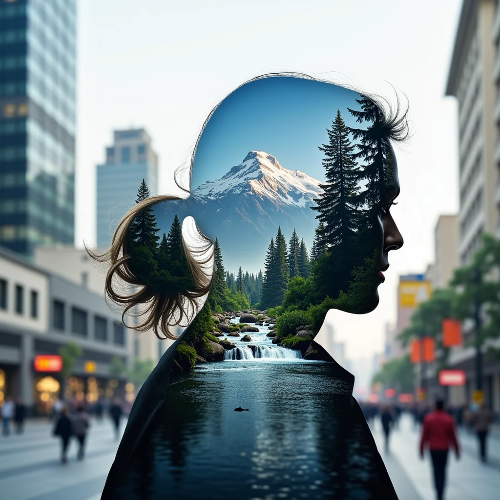 Jeddblexpsre,double exposure, A bustling street scene with skyscrapers in the background and a personâs silhouette filled with images of a serene mountain range and waterfall, symbolizing the escape into nature amidst urban chaos,