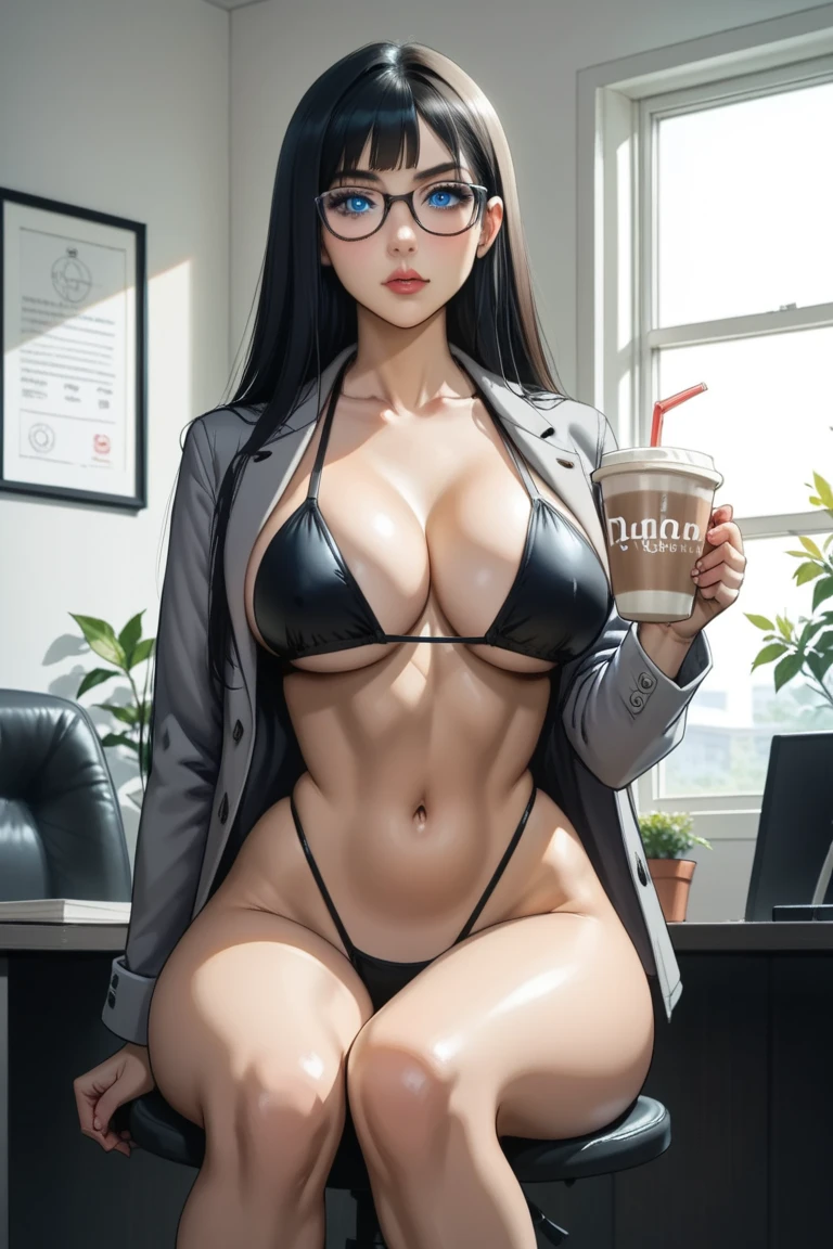  source_photorealistic,  32k, woman,  dynamic pose style, Hold a cup ,  long hair ,  black hair,  Blue Eyes, ultrarealista, glasses, Sitting with your feet on the office chair,  thick thighs ,, dynamic light,  big eyes ,  realistic effects , The office wears a gray jacket and only a black sling-shot g-string bikini underneath,  high quality, detailed, nsfw, huge natural breasts, 