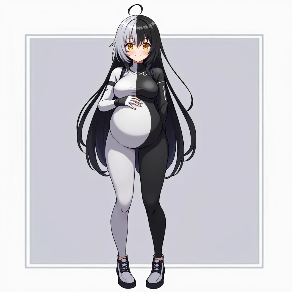 art by kipteitei, Weiss, white dress, white leggings, long white hair, obese body, round belly, intimate, looking to the right, smiling face, cartoon, hands behind body, no extra limbs, no extra fingers, 1girl, age 20