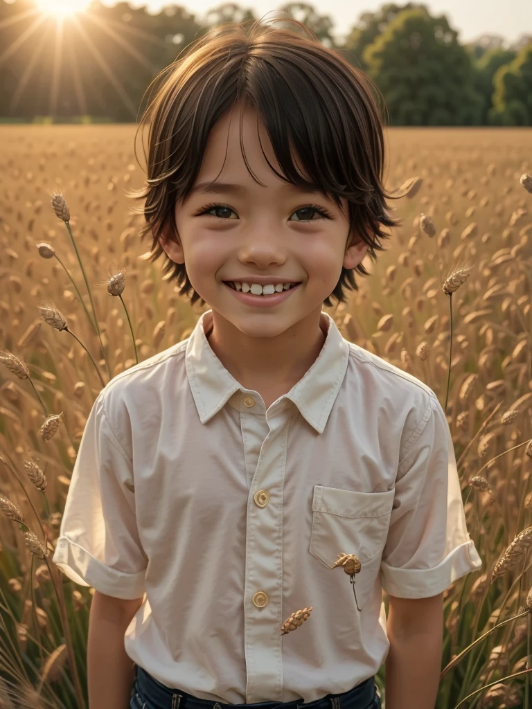 farmland, morning dew, sun-dried wheat field, dandelions slowly blooming, (1 boy), big smiling face under the bright sun, wear light cotton clothes, blue shirt, kind and natural.