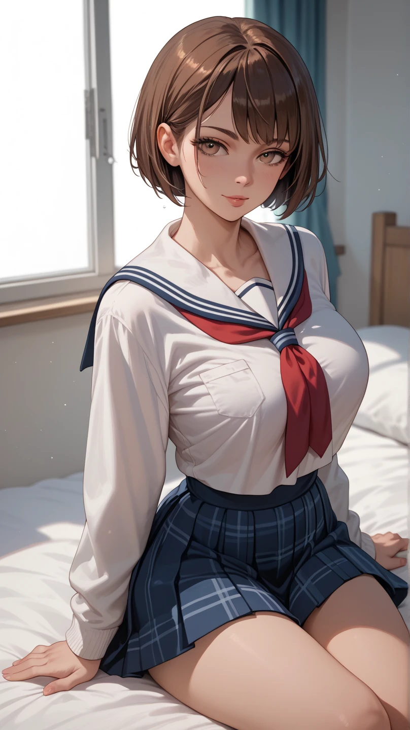 nsfw,(open vagina, vivid pussy, high quality vagina:1.3) ,nsfw, (breast squeeze:1.3),(masterpiece:1.3), (8k, Photorealistic, RAW Photos, Best image quality: 1.4), Japanese, (1 female), Beautiful Face, Idol face、round face,A little small chin, (A vivid face),Young face, (Outer curled short hair:1.3), Beautiful hairstyle, Black Hair, Realistic eyes, Beautiful Eyes, Round eyes,(Realistic Skin), Beautiful Skin, Charm, Ultra-high resolution, Surreal, Attention to detail, Golden Ratio, Detail Makeup,Seeing the viewer,Small breasts, single braided hair, (Baby Face:1.2)、Wet sailor suit、Light freckles、(whole body:137cm) 、14age、cute、information、Full body shot,embarrassed,blush,masturbation, dildo, (embarrassed,blush:1.5),low angle full body shot,blush, arched eyebrows、nsfw,(cum overflow1.5),