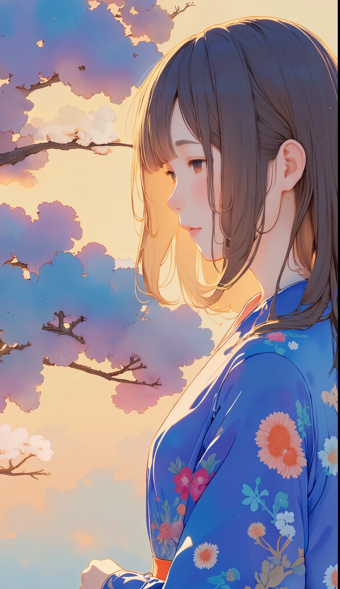  Splatter Backgrounds and Spray Paint Effects, Hiroshige Utagawa, yukata,  full body angle、 back view、Woman looking back,  Very Beautiful , Beautiful Woman , dusk, watercolor, watercolor, watercolor風, watercolorの詳細なアート, watercolor digital painting, watercolor paints, 非常に精巧なwatercolor, watercolor， Japanese women，1,  long hair, dark-haired、Based on blue