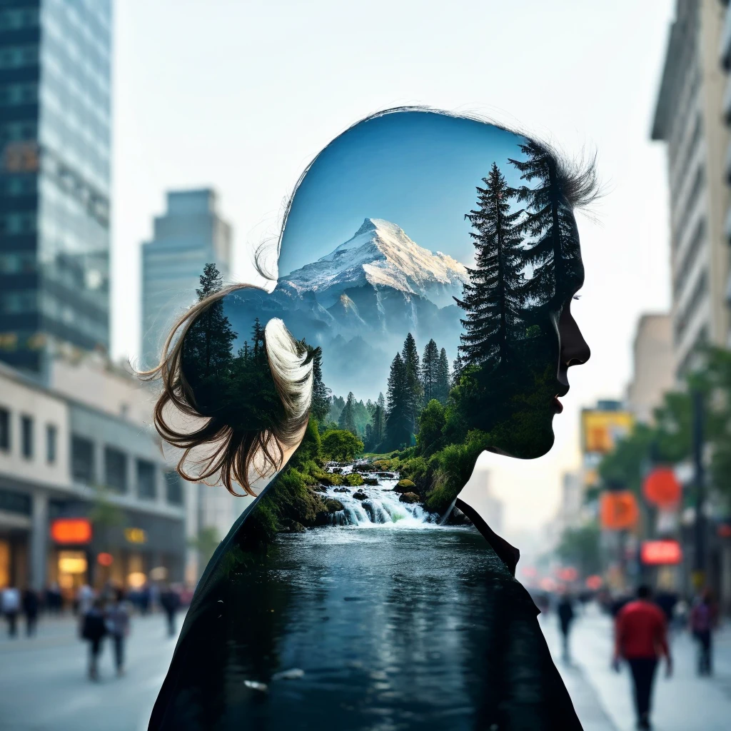 Jeddblexpsre,double exposure, A bustling street scene with skyscrapers in the background and a personâs silhouette filled with images of a serene mountain range and waterfall, symbolizing the escape into nature amidst urban chaos,