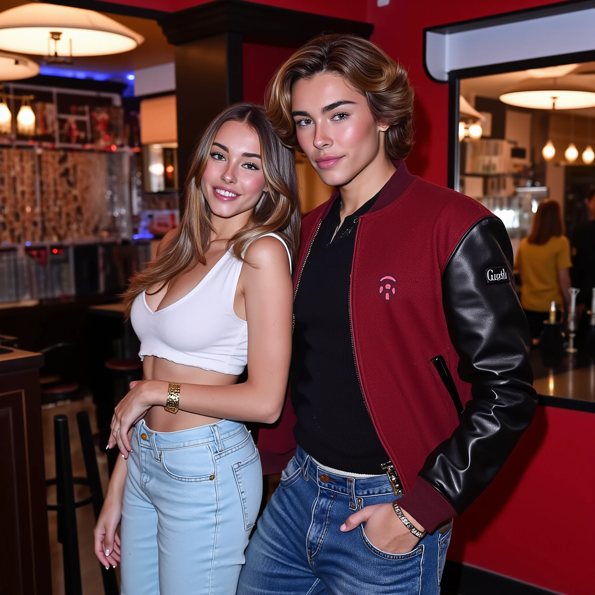 full body photo from the distance, 2 people photo shooting, college dorm, neon lights, having fun together, laughing, hot, 1 thin good looking rockstar American male 25 years old with medium length curled black hair with dark red wool college jacket and black leather sleeves, with black sweater and blue jeans, small pink plectrum necklace, gorgeous woman with long blonde hair, tight white shirt shirt big boobs, light blue sweat pants, seductively smiling, recording studio making music, high heels, sexual, jewelry, big gold hoop earrings, parted lips, midriff, pants, necklace, bracelet, lips, realistic, midriff peek, professional Photography, Photorealistic, detailed eyes, RAW, analog, sharp focus, 8k, HD, DSLR, high quality, Fujifilm XT3, film grain, award winning, masterpiece,