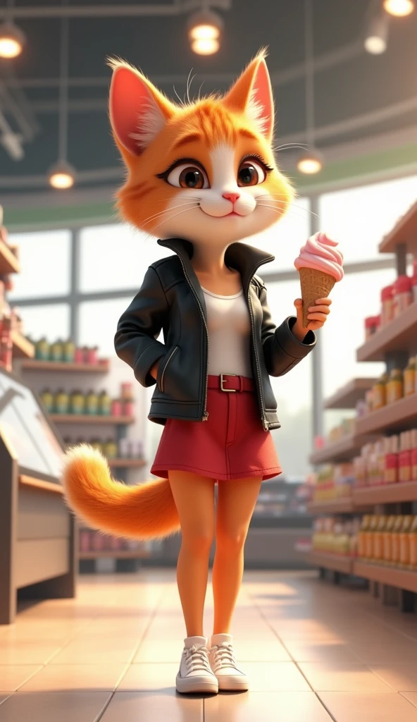 Make an animated scene of a beautiful sexy adult female cat about 35 years old.  CAT  ( orange-white )  Wearing a black leather jacket , red skirt ,  and white sneakers , carrying an ice cream cone .  In front of the cat is an ice cream freezer and several food display racks .  The background shows a large supermarket and very bright lighting .  gives a cheerful feel and a modern 3d quality , for the design of his animated character .