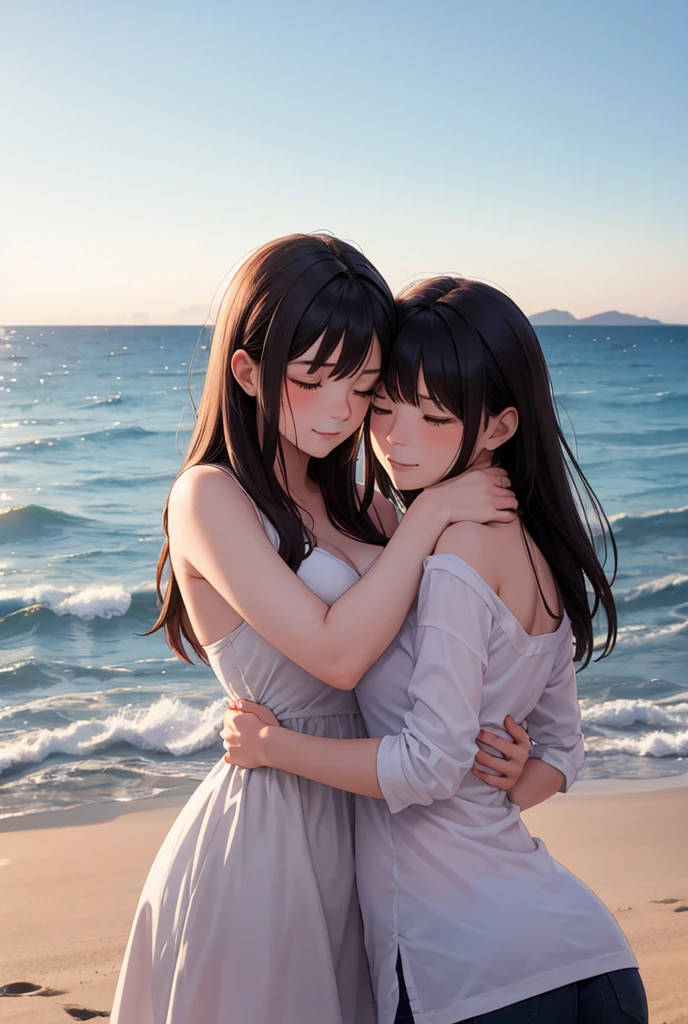 Twin girls，Cartoonish style，Against the background of the beach at sunset，Zoom out on the entire photo to see the text，Zhang Anxin written in three words