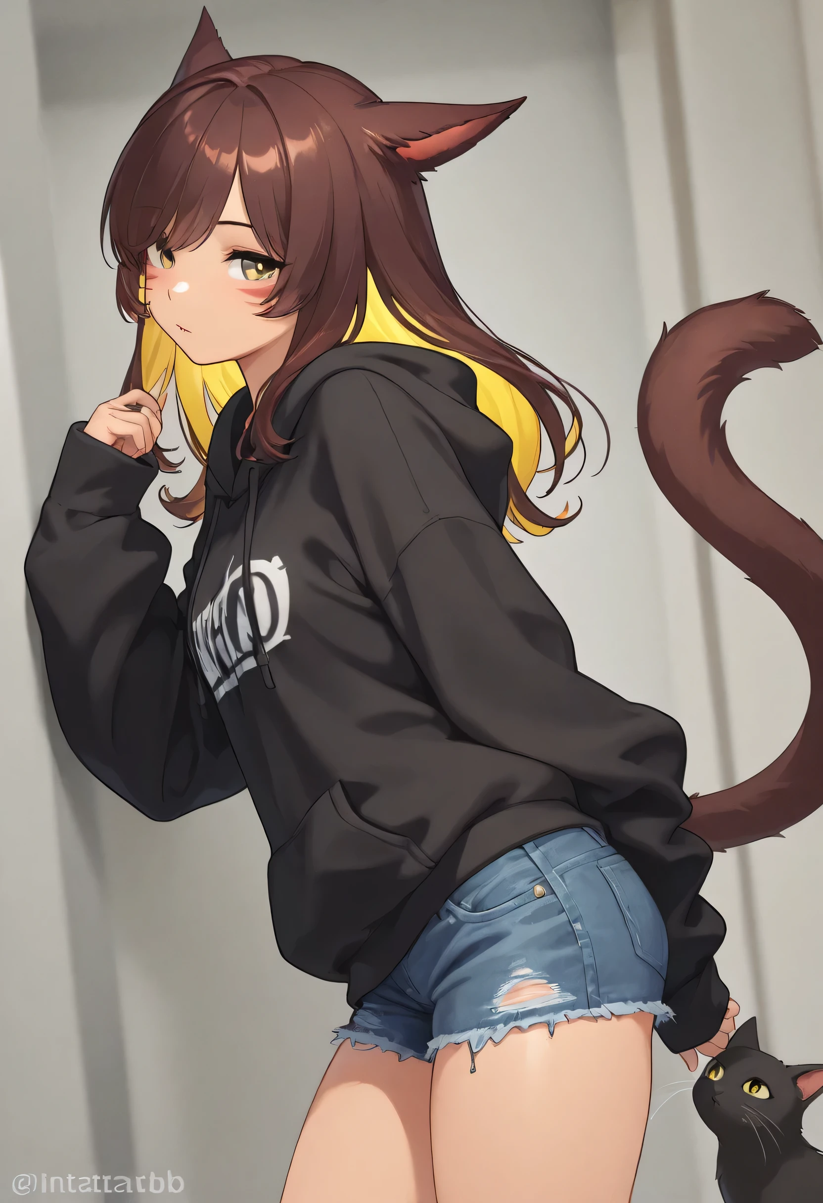 masterpiece,1girl, colored inner hair Brown hair Yellow hair, cat_ears, Black oversized hoodie,  インナータンクトップ , Hair on one eye, Long hair tips, Miqo'te, damage short denim 