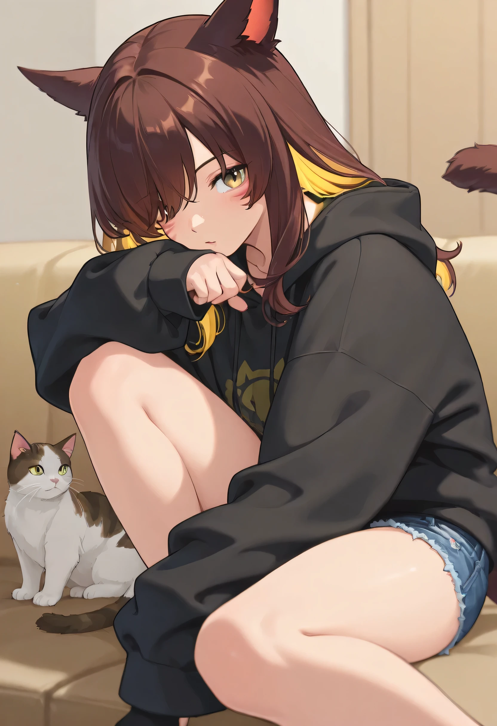 masterpiece,1girl, colored inner hair Brown hair Yellow hair, cat_ears, Black oversized hoodie,  インナータンクトップ , Hair on one eye, Long hair tips, Miqo'te, damage short denim 