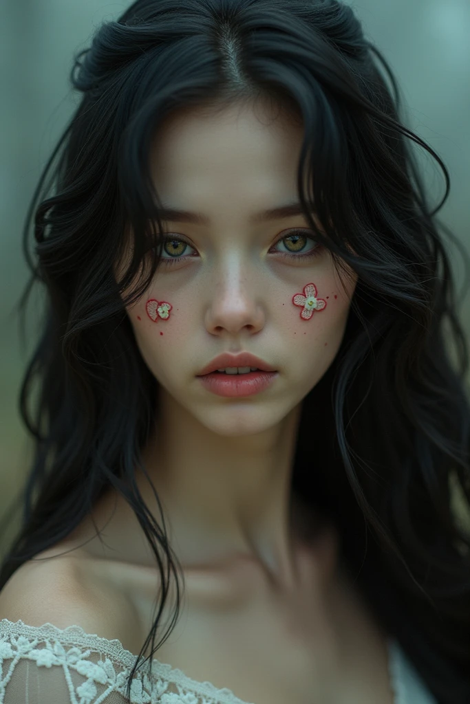 Young woman with dark long dark hair has a cute patch on her cheek. 