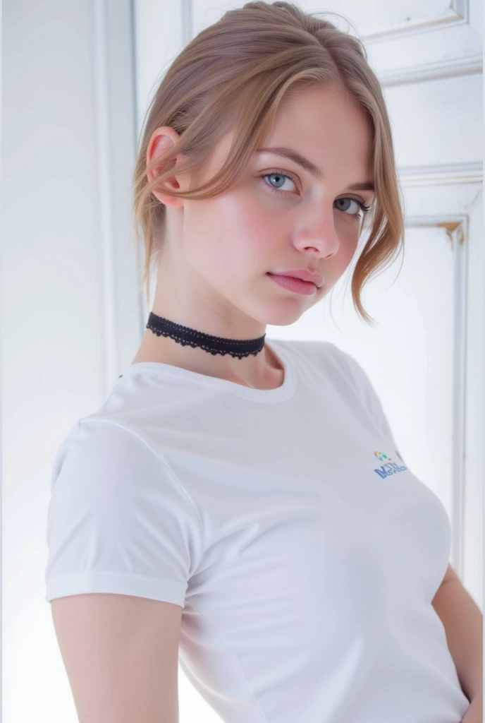 arafed woman with a white shirt and a black choker, anna nikonova aka newmilky, wearing black choker, wearing choker, wearing intricate black choker, choker around neck, choker on neck, attractive neck, black choker, aleksandra waliszewska, ukrainian girl, lacey, dasha taran, neck zoomed in, a black choker