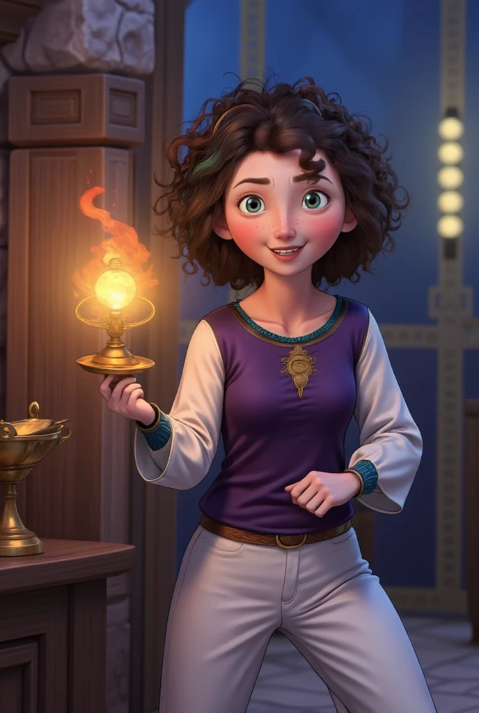 Draw a vivid fantasy scene featuring a young man with dark hair and a playful expression, holding a golden lamp. He is wearing traditional Middle Eastern clothing such as a purple vest and white trousers. 