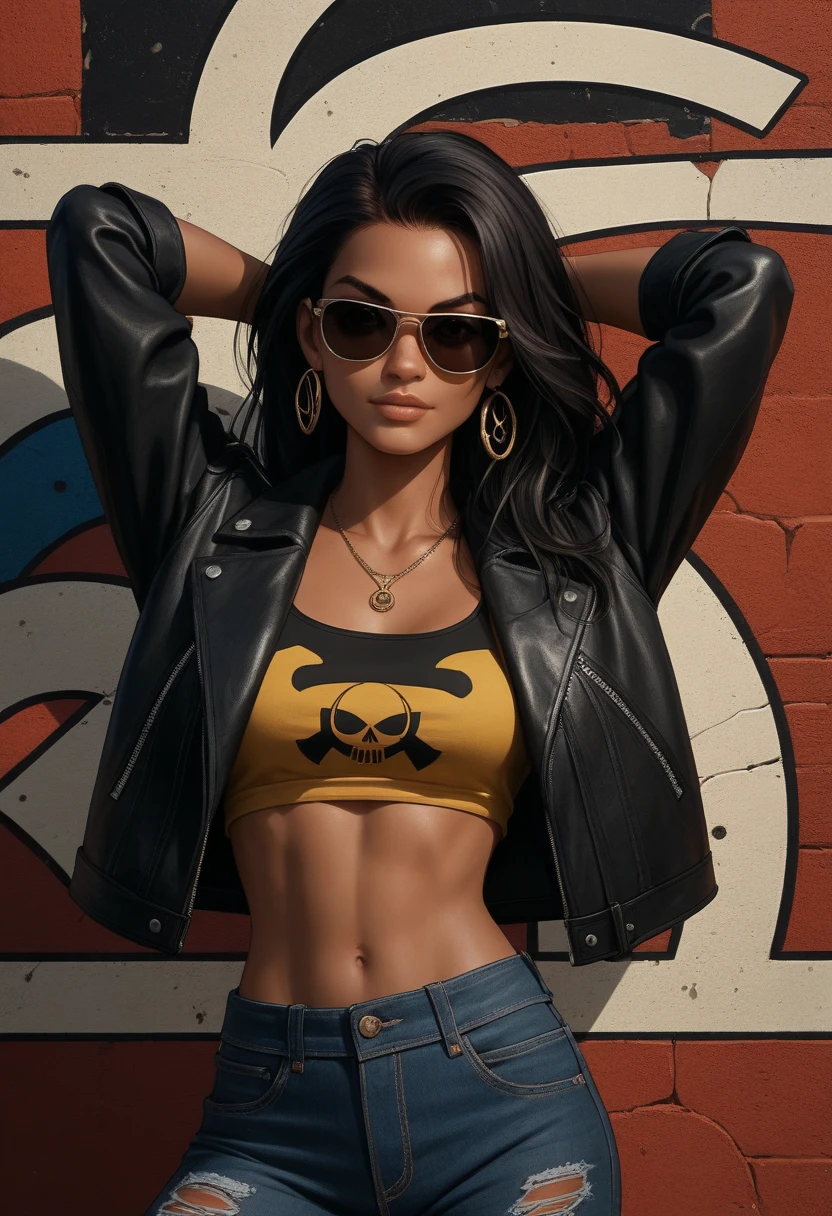 Alone,   long hair, black woman,  1 woman,  dark skin,  long black hair, sunglasses, sunglasses, female focus,  leather jacket,  hands behind the head, denim short, patches,  clothes written , Picos, shoulder Picos, not Jim Lee style, In the style of Joe Mad, In the style of Andy Kubert,  art by artgerm ,(zentangled, Mandala, tangled, chaos, disorder, spider webs, entangled:0.6),,, arte de Jim Lee e Andy Kubert,   comic art style, PonyXLV6_Aesthetic Punctuations _pdxl