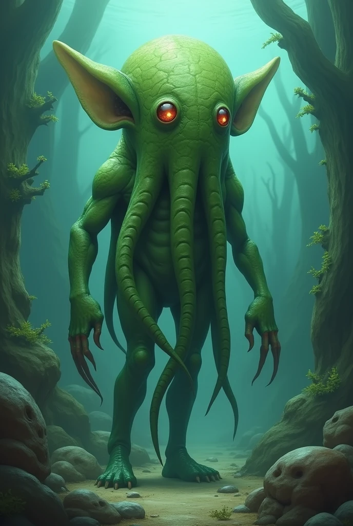A yellow-eyed being inside the forest with tentacles